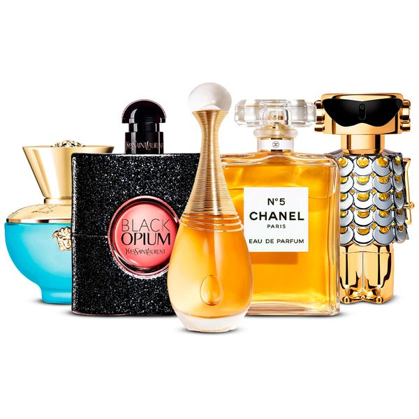 Combination of 5 women's perfumes – Versace Dylan Turquoise, Black Opium, J'adore, Chanel Nº5 and Fame [100 ml each]
